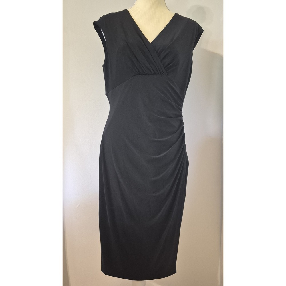 Lauren Ralph Lauren 10 Faux Wrap Black Midi Cocktail Dress Classic LBD Slimming